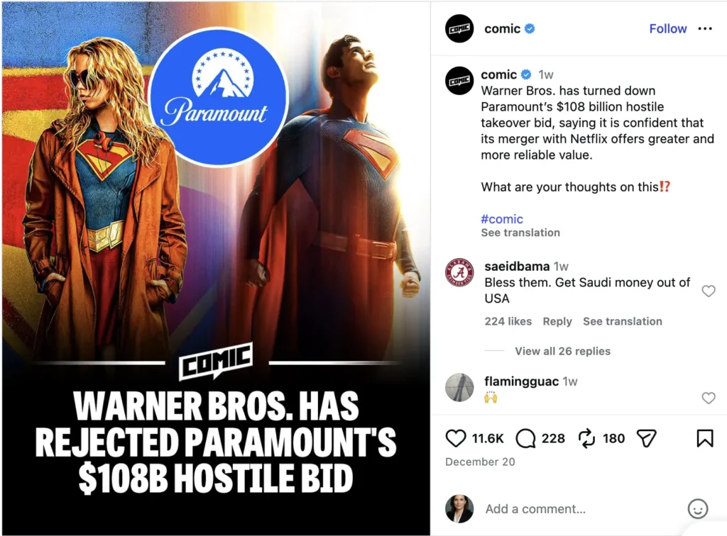 Warner Bros has turned down Paramount’s $108 billion hostile takeover bid